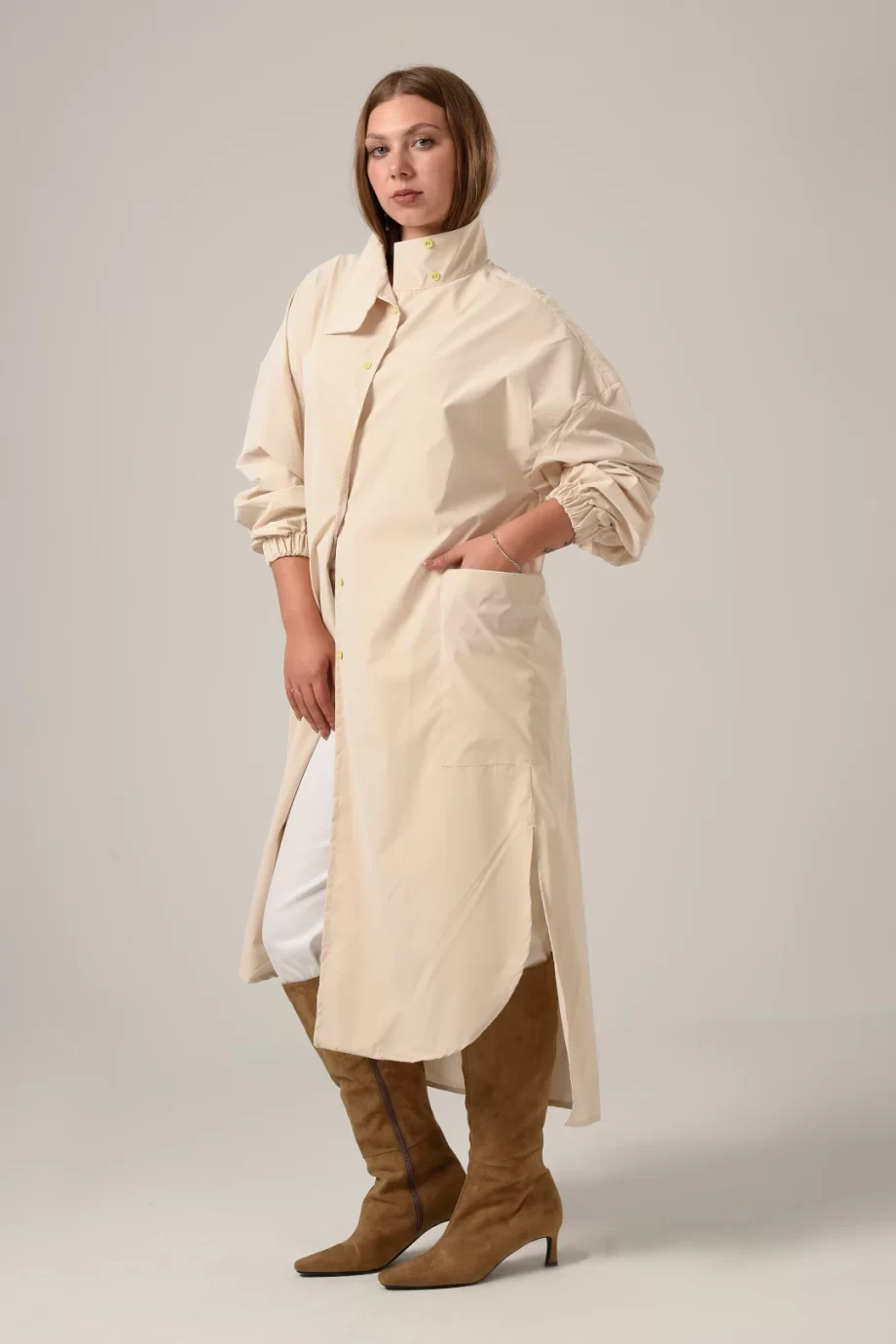 Leather Waterproof Long Jacket in Beige