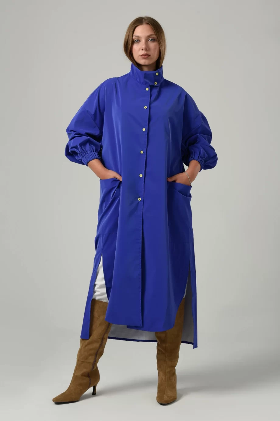 Leather Waterproof Long Jacket in Blue