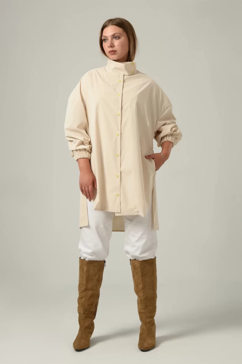 Leather Waterproof Short Jacket in Beige