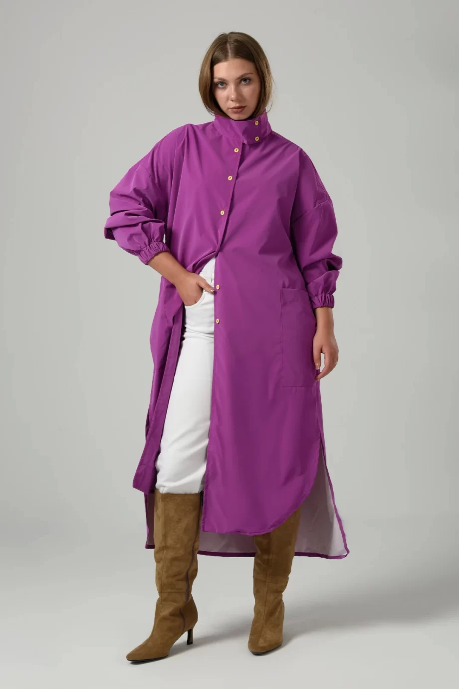 Leather Waterproof Long Jacket in Fuchsia