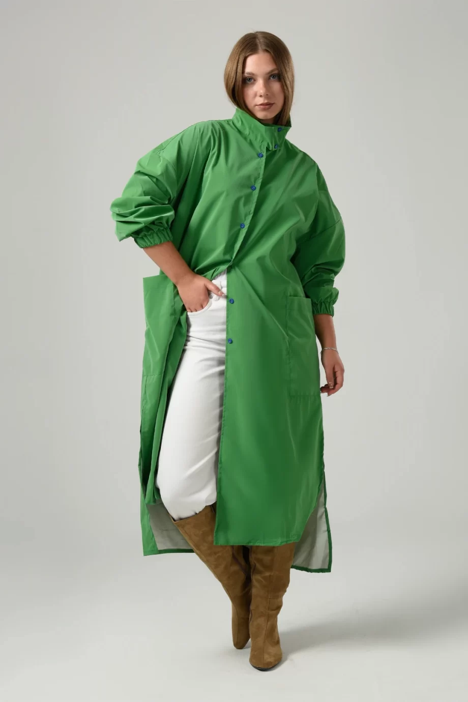 Leather Waterproof Long Jacket in Green