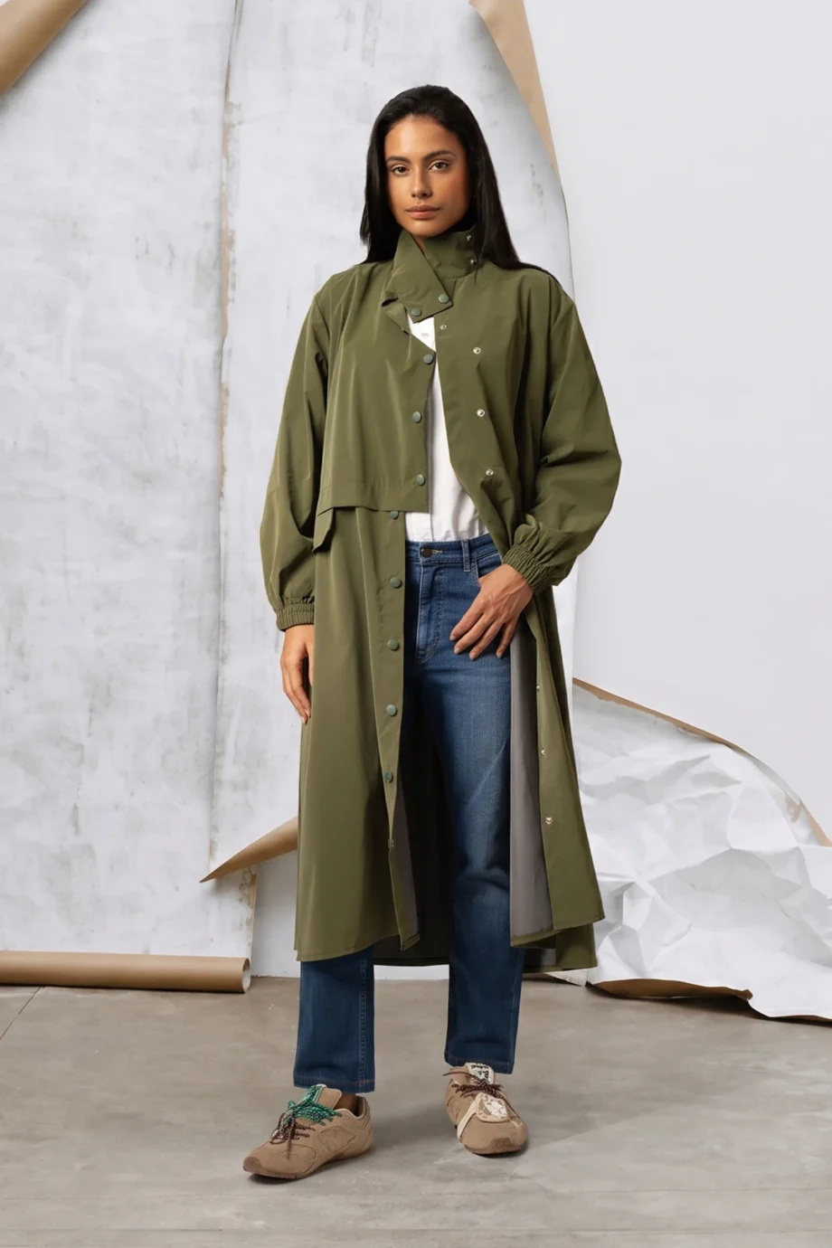 Leather Waterproof Long Jacket in Olive
