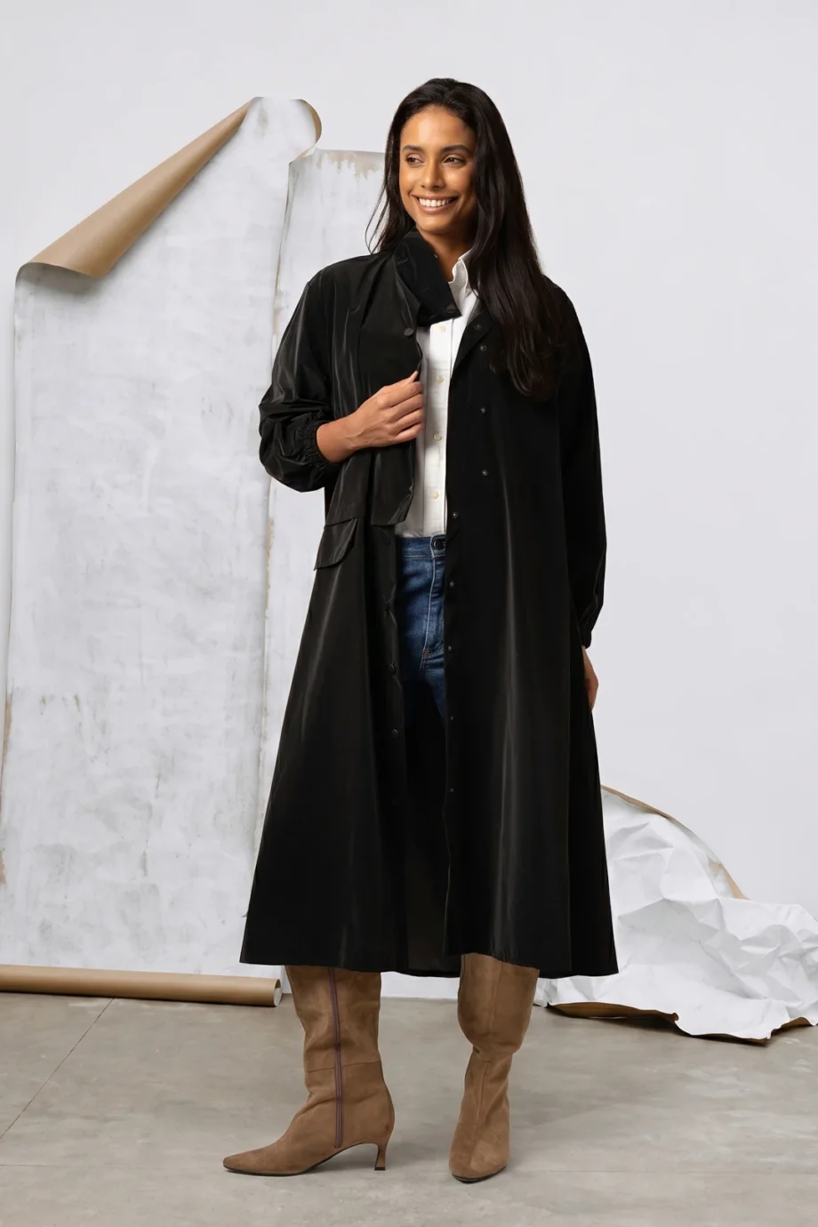 Leather Waterproof Long Jacket in Black